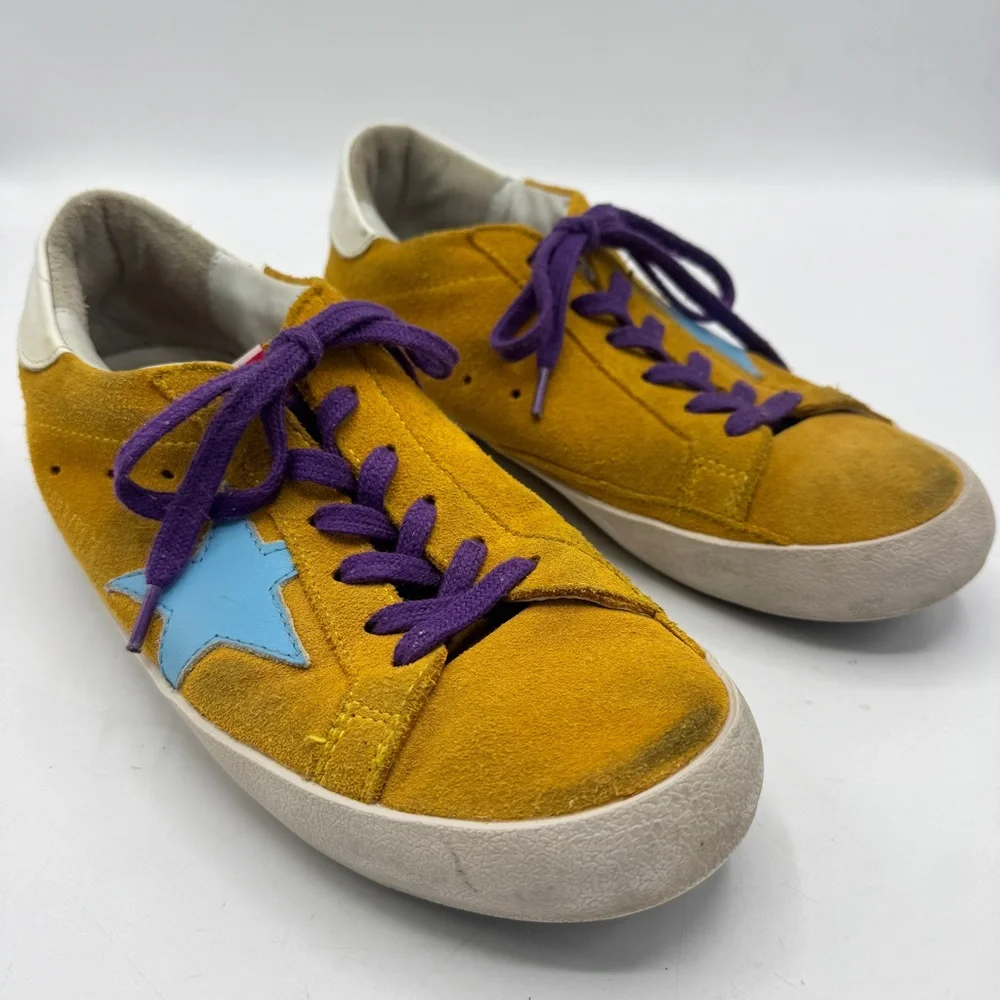 Golden Goose Yellow Suede Sneakers with Purple Laces and Teal Star